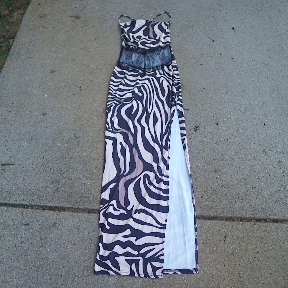 Women's Zebra Stripe Lace Maxi Dress Spaghetti Strap Backless Bodycon Size S